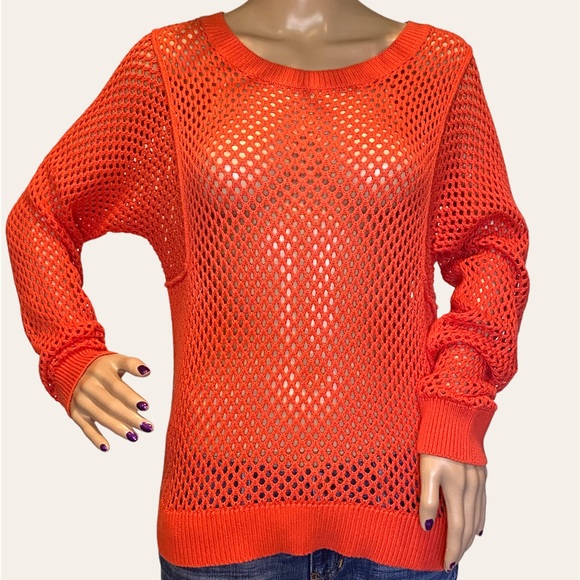 MICHAEL Michael Kors Bright Orange Open Knit Crewneck Sweater Size Small VGC - Picture 2 of 7